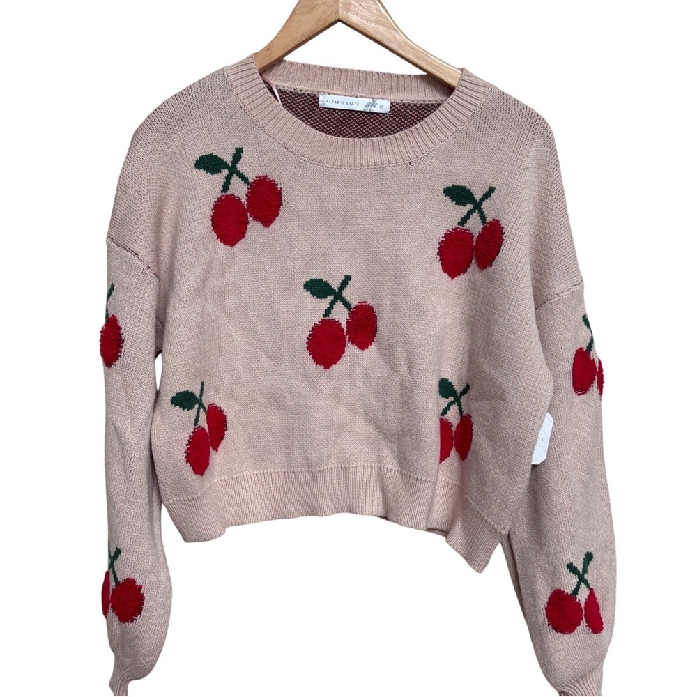 NWT Altar'd State Cherry Intarsia Knit Cropped Sweater Tan Red XS STA2107